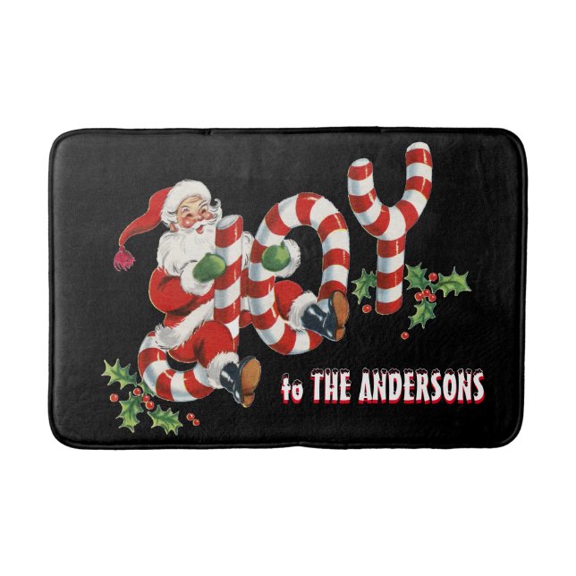 Retro Santa Sending Joy Christmas Personalized Bath Mat (Front)