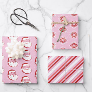Retro Santa, Snowflakes & Stripes on Pink Wrapping Paper Sheets