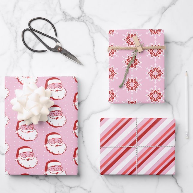 Retro Santa, Snowflakes & Stripes on Pink  Wrapping Paper Sheets (Front)