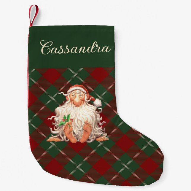 Retro Santa Tartan Plaid with Name Small Christmas Stocking (Front)