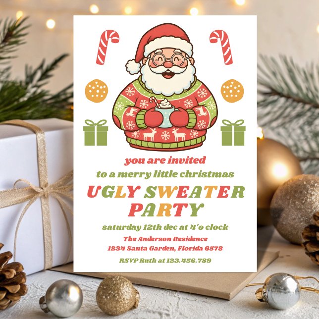 Retro Santa Ugly Sweater Party Editable Invitation (Creator Uploaded)