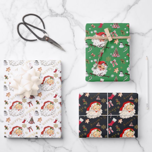 Retro Santa White Green and Black Holiday Greeting Wrapping Paper Sheets (Front)