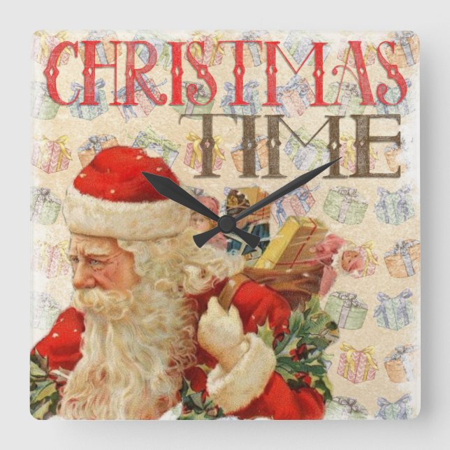 Retro Santa with Presents & Christmas Time Square Wall Clock (Front)