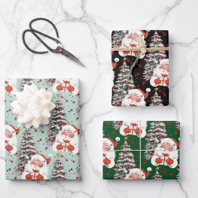 Retro Santa With Stars  Wrapping Paper Sheets (Front)