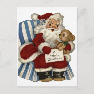 "Retro Santa with Teddy Bear" Christmas Holiday Postcard
