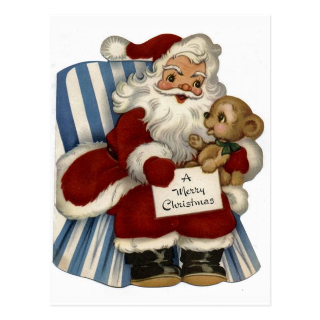 "Retro Santa With Teddy Bear" Christmas Postcard