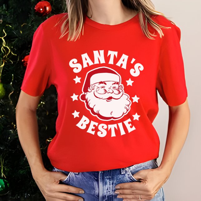 Retro Santa's Bestie Modern Red Women's Christmas T-Shirt (Creator Uploaded)