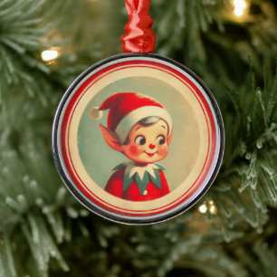 Retro Santa's Elf Vintage Christmas Metal Ornament