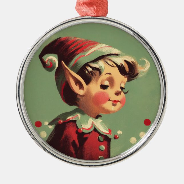 Retro Santa's Elf Vintage Christmas Metal Ornament (Front)