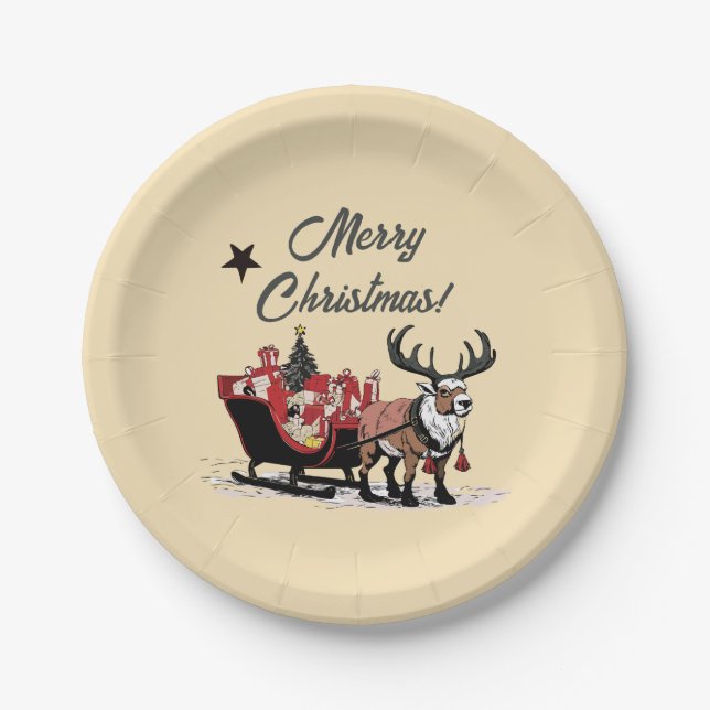 Retro Santa's Sleigh Paper Plate (Front)