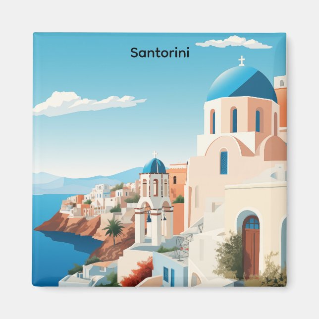 Retro Santorini Greece Mediterranean Blue & White  Magnet (Front)