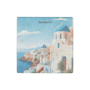 Retro Santorini Greece Mediterranean Blue & White  Stone Magnet