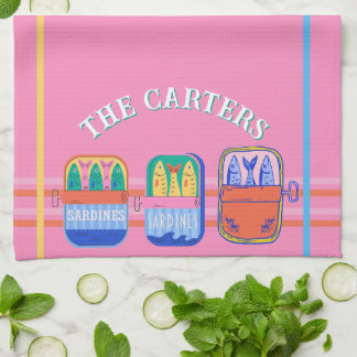 Retro Sardine Can Illustration Pink Kitchen Custom Towel