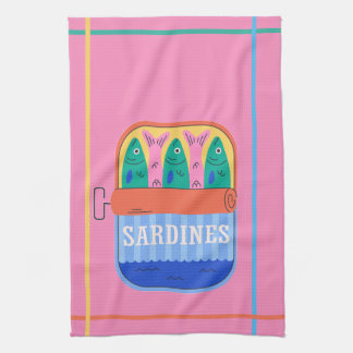Retro Sardine Can Illustration Pink Kitchen Towel