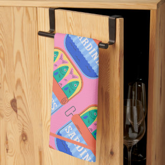 Retro Sardine Can Illustration Pink Kitchen Towel