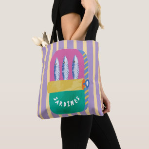 Retro Sardine Can Illustration Striped Tote Bag