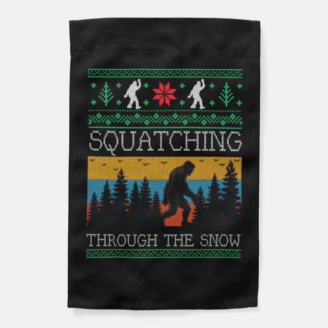 Retro Sasquatch Bigfoot Ugly Christmas Sweater Garden Flag (Front)