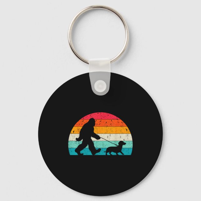 Retro Sasquatch Lover Doxie Wiener Dog Walker Bigf Keychain (Front)