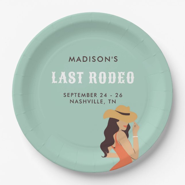 Retro Sassy Last Rodeo Pink Green Bachelorette Paper Plates (Front)