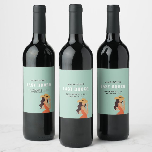 Retro Sassy Last Rodeo Pink Green Bachelorette Wine Label (Bottles)