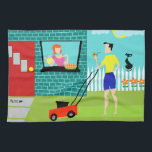 Retro Saturday Morning Kitchen Towel<br><div class="desc">Welcome to Suburbia! This Retro Saturday Morning Kitchen Towel features an attractive minimalist cartoon couple in their little corner of paradise. From the window of a turquoise and teal brick house, we can see Mrs. Homemaker. The beautiful redhead is wearing a hot pink frock. She is holding a pitcher of...</div>