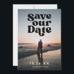 Retro Save our Date Black Photo Card<br><div class="desc">"save our date" in non editable graphic; optional text on the back side; customize further to choose your own backer color and change fonts on bottom front and back side.</div>