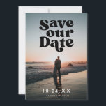 Retro Save our Date Black Photo Card<br><div class="desc">"save our date" in non editable graphic; optional text on the back side; customize further to choose your own backer color and change fonts on bottom front and back side.</div>