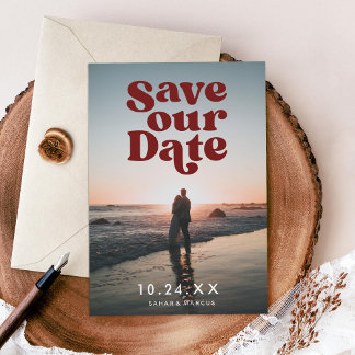 Retro Save our Date Burgundy Photo Card