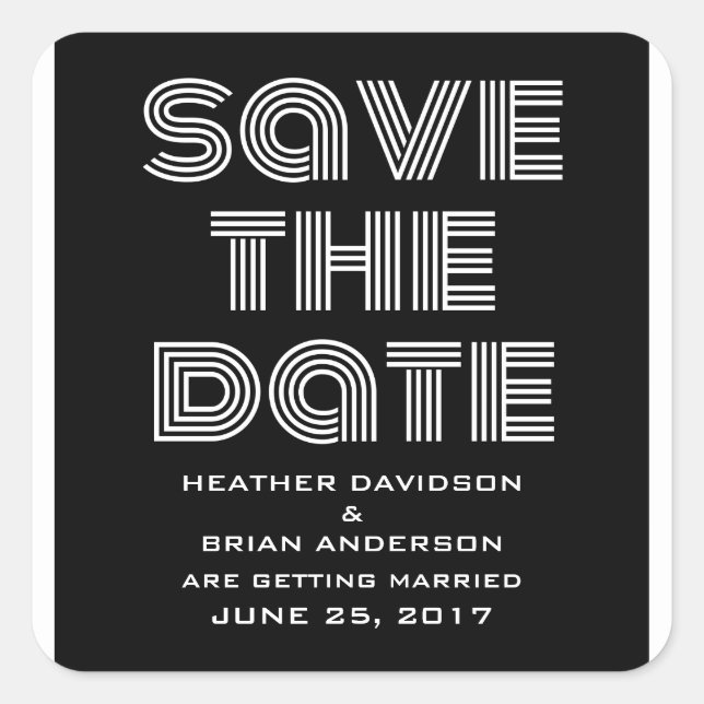Retro Save the Date Stickers, Black Square Sticker (Front)