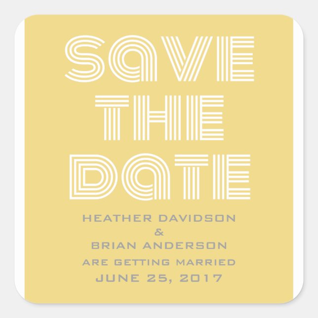 Retro Save the Date Stickers, Yellow Square Sticker (Front)