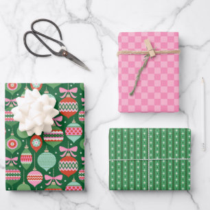 Retro Scandi Christmas Ornaments - Green Red Pink Wrapping Paper Sheets