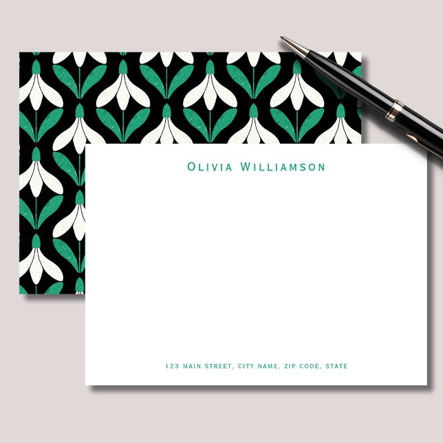 Retro Scandi Mid Century Modern Snowdrop pattern Note Card (Modern Snowdrop personalized notecards. Scandi, Mid Century Modern inspired designs.)