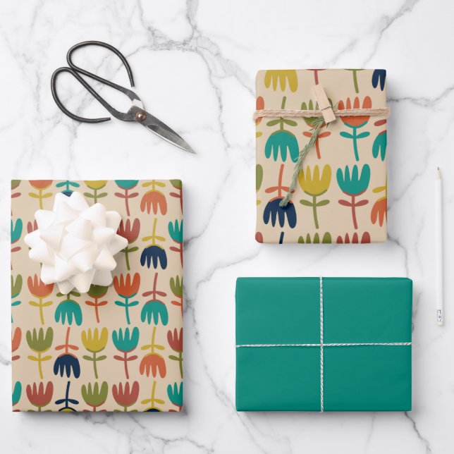Retro Scandi Tulips in Midcentury Modern Colours Wrapping Paper Sheets (Front)