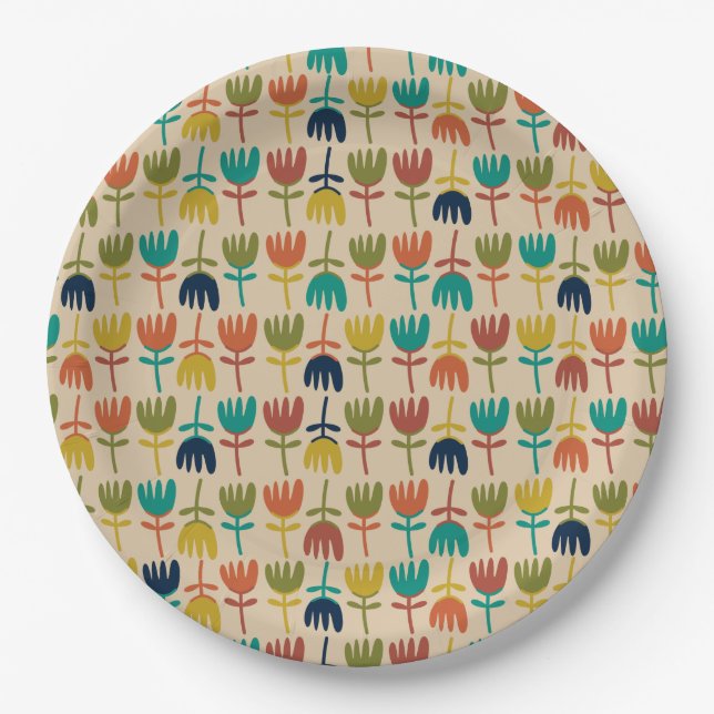 Retro Scandi Tulips Midcentury Floral Pattern Paper Plates (Front)