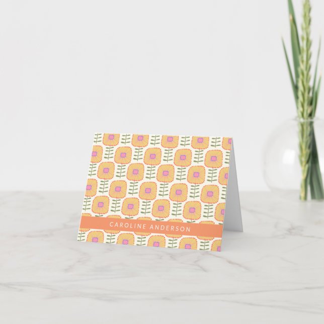 Retro Scandi Yellow Folk Flowers Personalized   Note Card (Front)