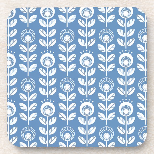 Retro Scandinavian Blue Pattern Beverage Coaster (Front)
