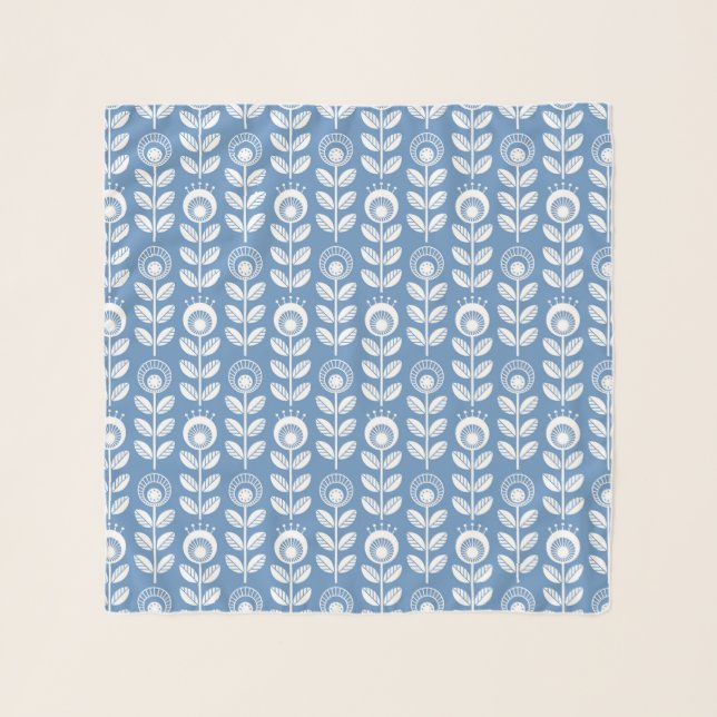Retro Scandinavian Blue Pattern Scarf (Front)