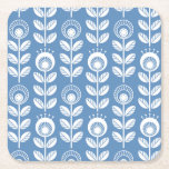 Retro Scandinavian Blue Pattern Square Paper Coaster