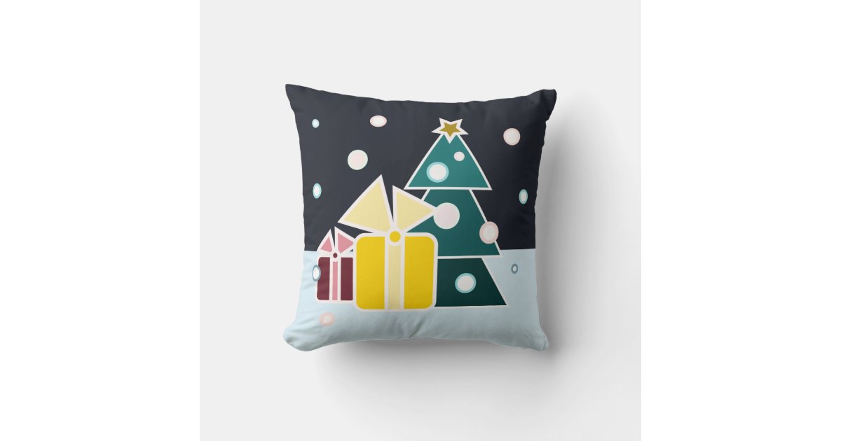 Retro Scandinavian Christmas Tree Pillow with Colorful Gifts