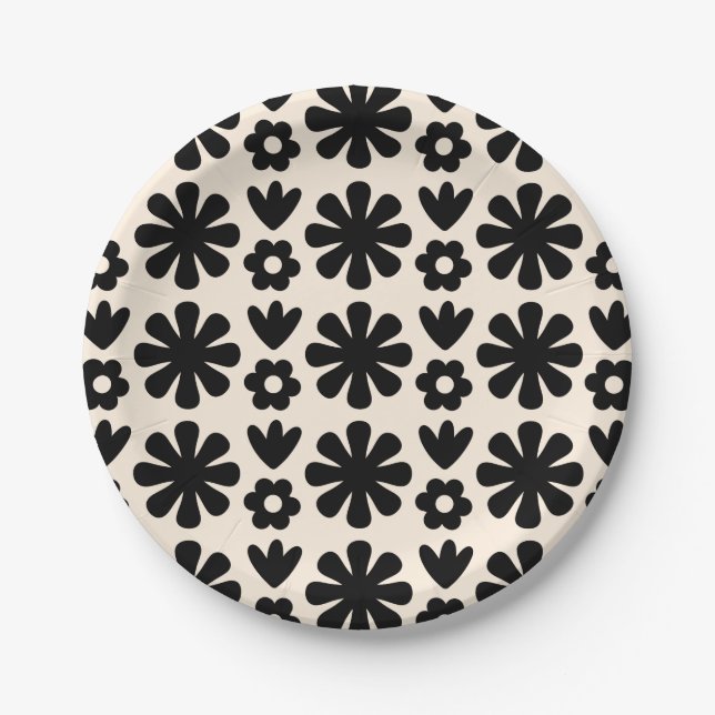 Retro Scandinavian Floral Pattern Black & Cream Paper Plates (Front)