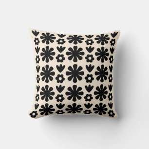 Retro Scandinavian Floral Pattern Black & Cream Throw Pillow