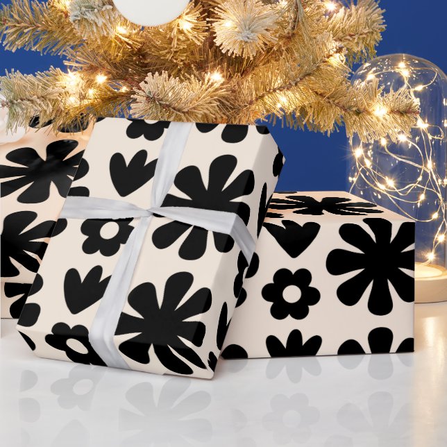 Retro Scandinavian Floral Pattern Black & Cream Wrapping Paper (Holidays)