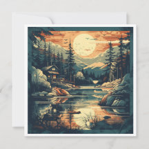 Retro Scandinavian Mountain Cabin Holiday Card