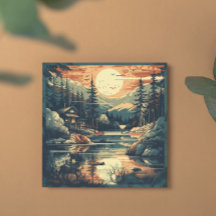 Retro Scandinavian Mountain Cabin Holiday Card