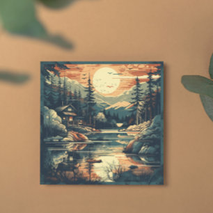 Retro Scandinavian Mountain Cabin Holiday Card