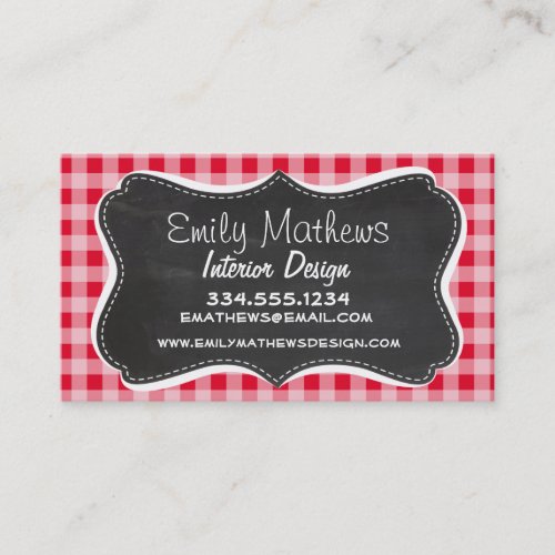 Retro Scarlet Red Gingham Chalkboard look Business Card