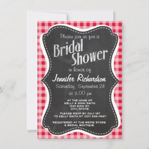 Retro Scarlet Red Gingham Chalkboard look Invitation