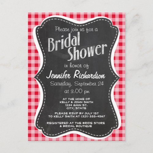 Retro Scarlet Red Gingham Chalkboard look Invitation Postcard