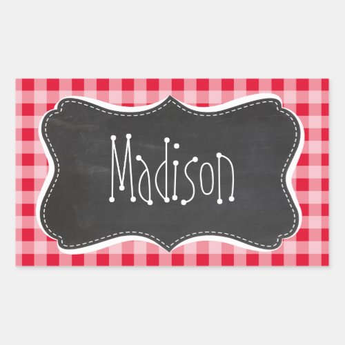 Retro Scarlet Red Gingham Chalkboard look Rectangular Sticker