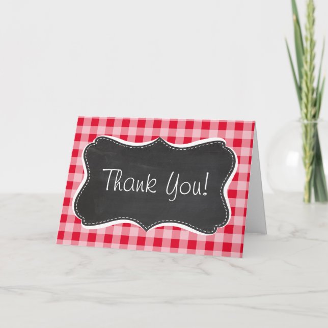 Retro Scarlet Red Gingham; Chalkboard look Thank You Card (Front)